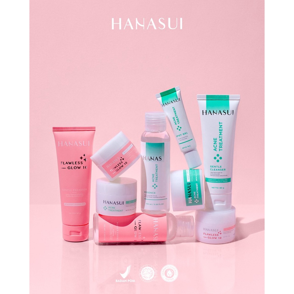Hanasui Flawless Glow 10 Acne Treatment Paket Lengkap Cleanser Day Cream Night Cream Power Essence Spot Gel