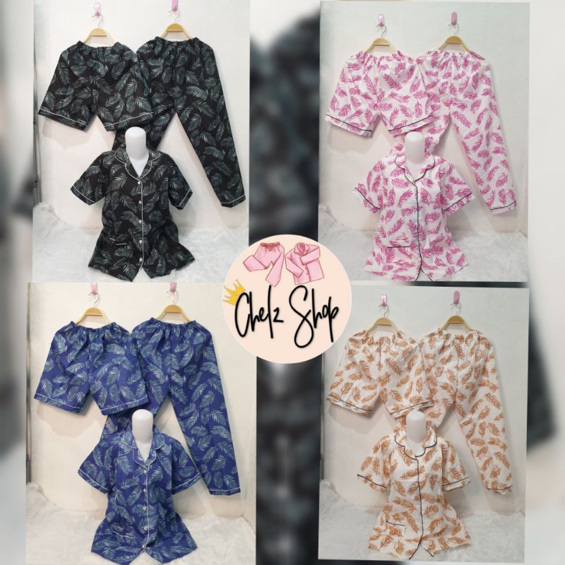 Baju Tidur Piyama Wanita Cewek Pajamas Dewasa Katun Motif Daun 3 in 1