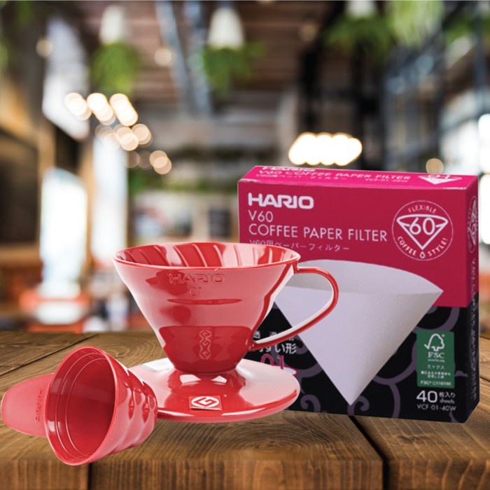 

DISKON - (BISA COD) Hario V60 Promo Paper Filter 01 VCF 01 40 W + Plastic Dripper 01 Red