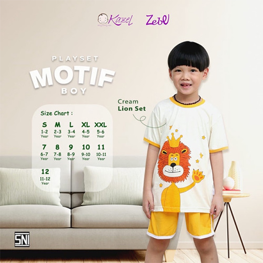 Zebe Playset Motif Boy Cream Lion Setelan Pendek Baju Anak Laki