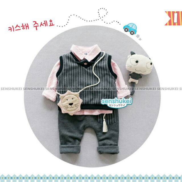 Setelan Anak Cowok Lucu 4 in 1 Sensukei Kemeja, Rompi, Celana dan Tas