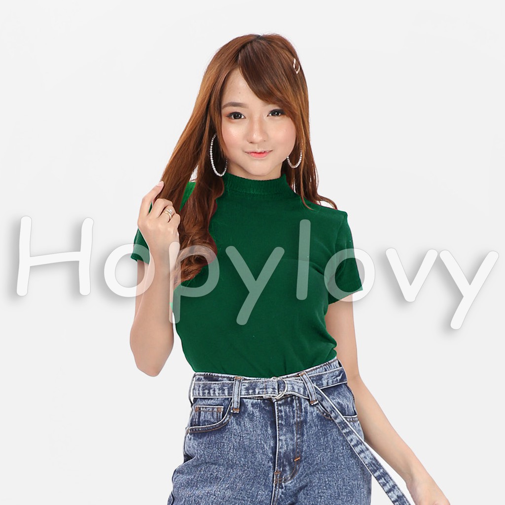 HOPYLOVY - Atasan Rajut Wanita Turtleneck / Kerah Tinggi Lengan Pendek Nadira-Hijau Army