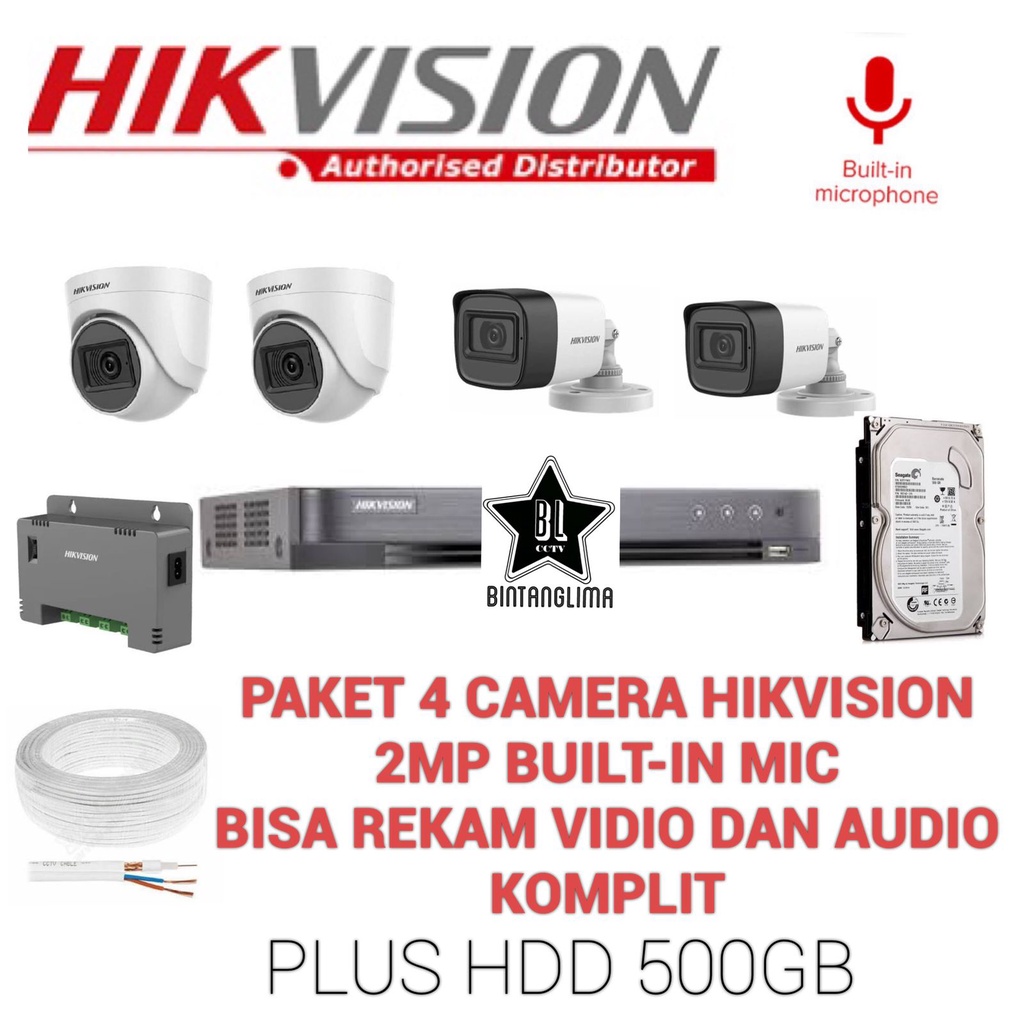 PAKET HIKVISION 4 CAMERA 2MP BUILT-IN MIC BISA REKAM VIDIO DAN AUDIO