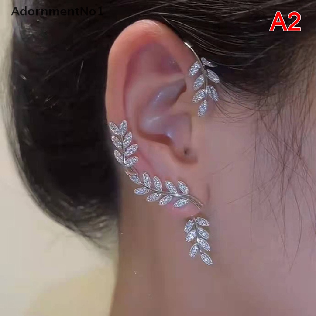 (AdornmentNo1) Anting Klip Tanpa Tindik Motif Daun Aksen Kristal Berkilau Untuk Perhiasan Wanita