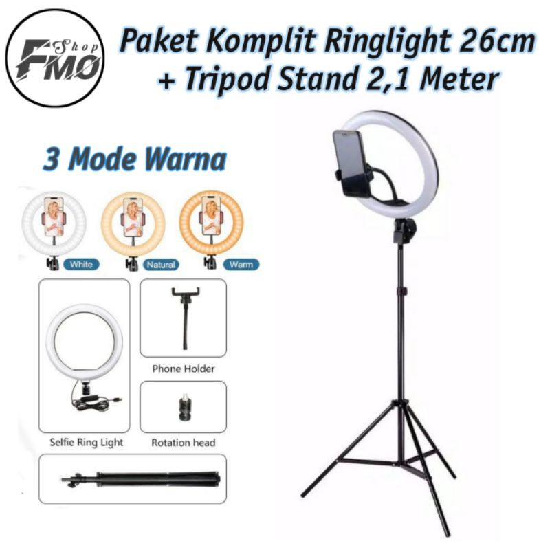 Paket Komplit Ringlight Ring Light 26cm 26 Cm + Tripod 2,1 Meter 2 Meter Lampu Selfie live Make Up Vlog Vlogger MUA