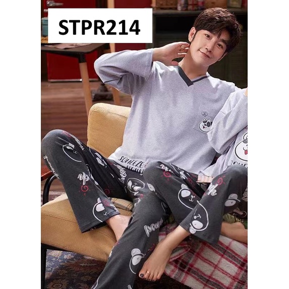 Piyama Pria Baju Tidur Pria Lengan Panjang Celana Panjang Motif Panda Abu-Abu