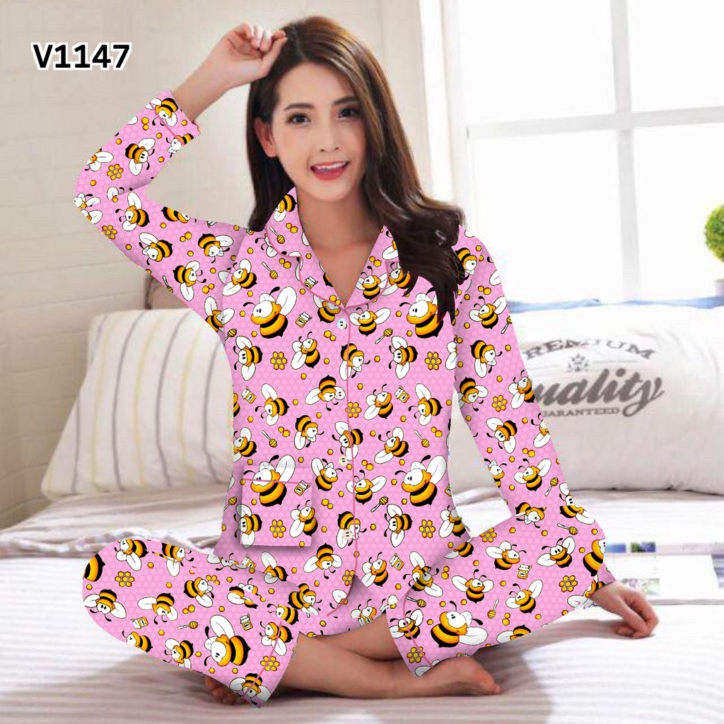 JNV Piyama PP Wanita Motif Karakter Kartun 04 - Baju Tidur Lengan panjang - Bahan Katun-Honey Bee Pink