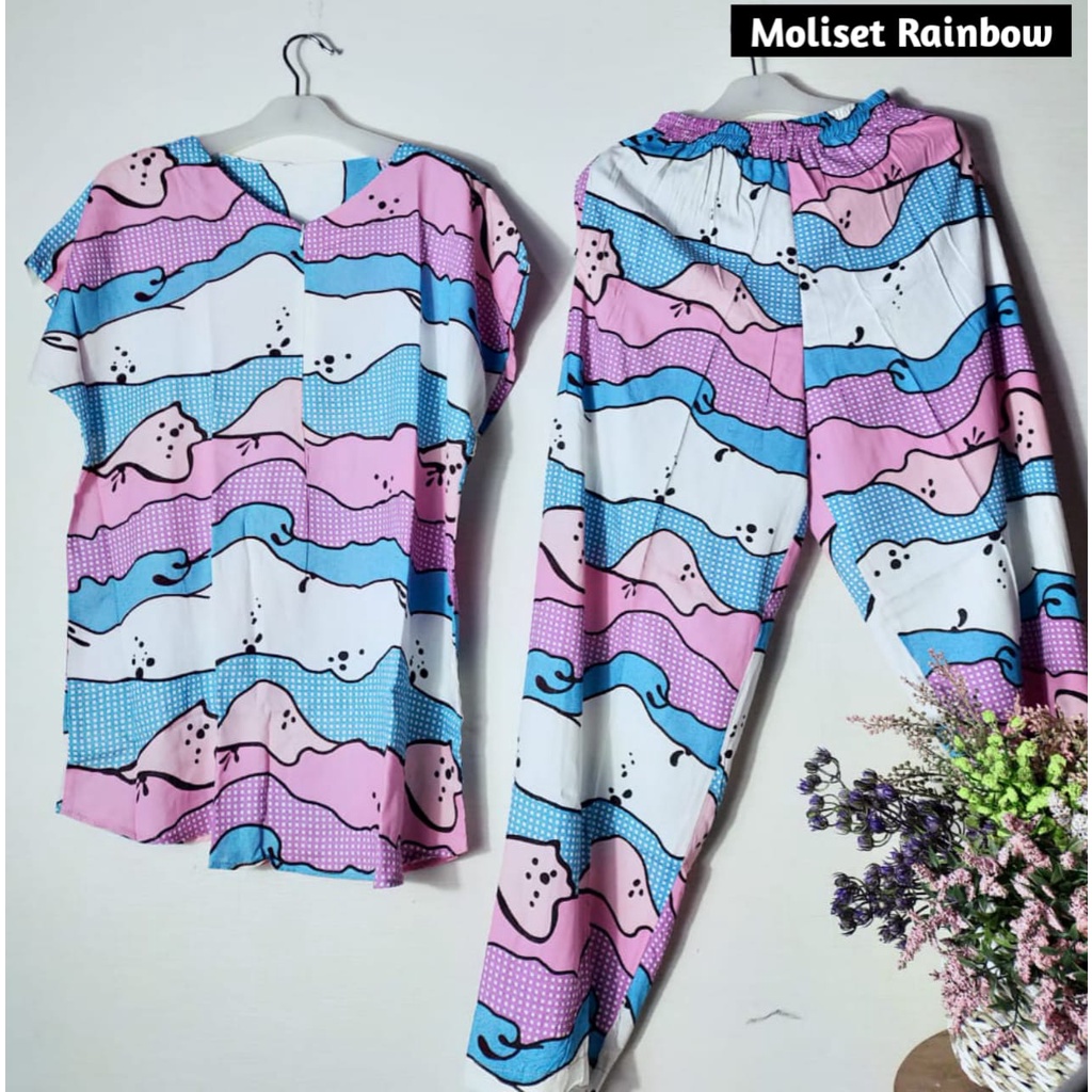 Setelan Piyama Babydoll Lengan Pendek Kekinian Baju Tidur One Set Rayon Premium Wanita Dewasa Busui-Rainbow