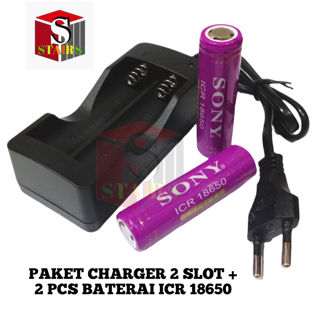 Paket Casan 2 Slot + 2 PCS Baterai Li-ion ICR 18650 4500mAh 3,7V Warna Ungu Flattop