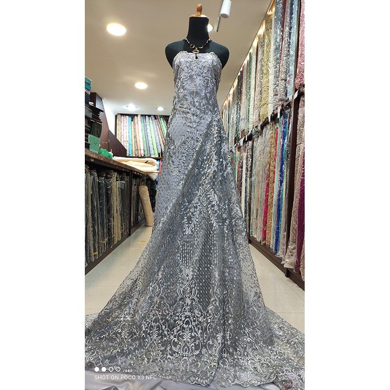 Kain Tile Lace Brokat Dress KEBAYA Bridal Bridesmaid Payet SILVER