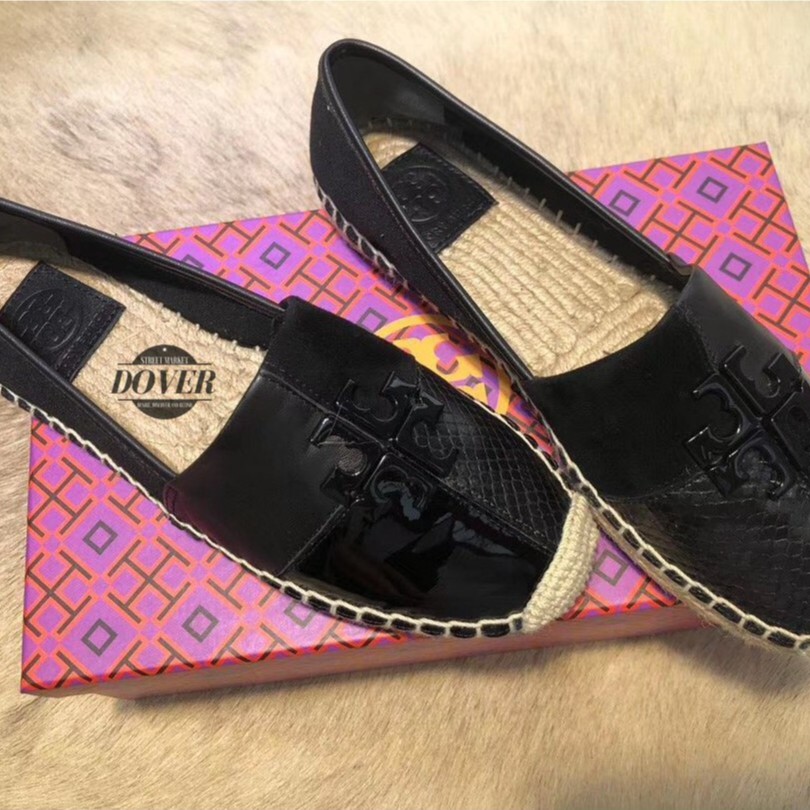 Tory Burch Logo Patchwork Espadrilles Shoes Black - ORIGINAL 100%