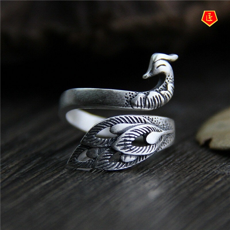 [Ready Stock]Creative Retro Winding Silver Black Peacock Ring