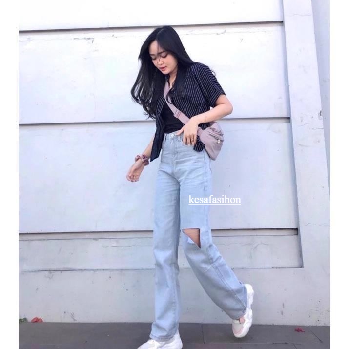 Highwaist Kulot Jeans Wanita Loose Ripped sobek Belle