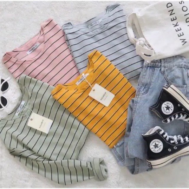 1KG MUAT 8PCS | STRIPY LONGSLEEVE KAOS LENGAN PANJANG STRIPE GARIS HITS SELEBGRAM FASHION WANITA