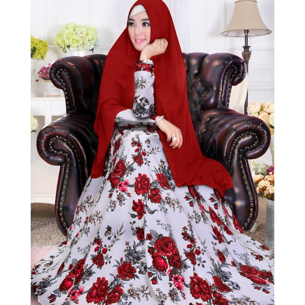 gamis  set khimar big flower merah