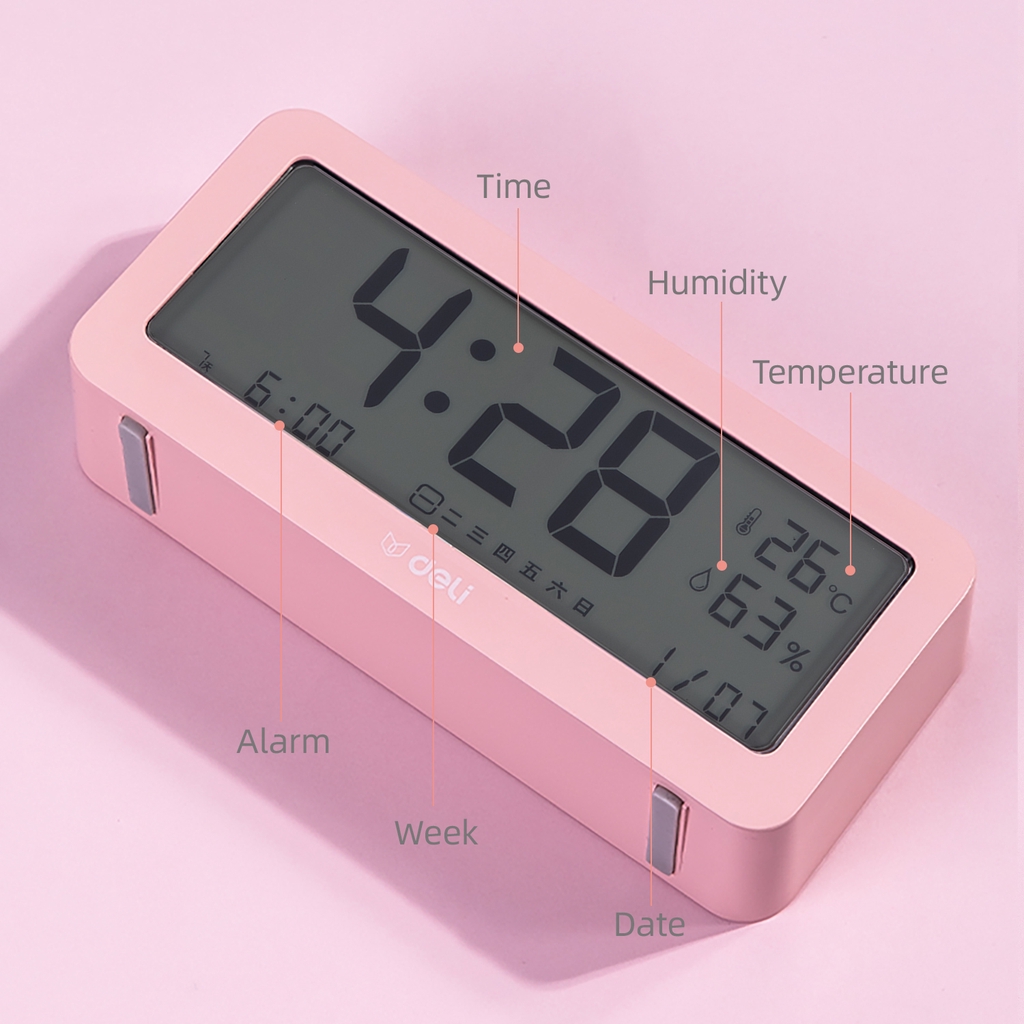 Deli Jam Alarm Digital Pink/Biru, Layar LCD, Tahan Terhadap Panas, Cahaya Belakang Sentuh 8826