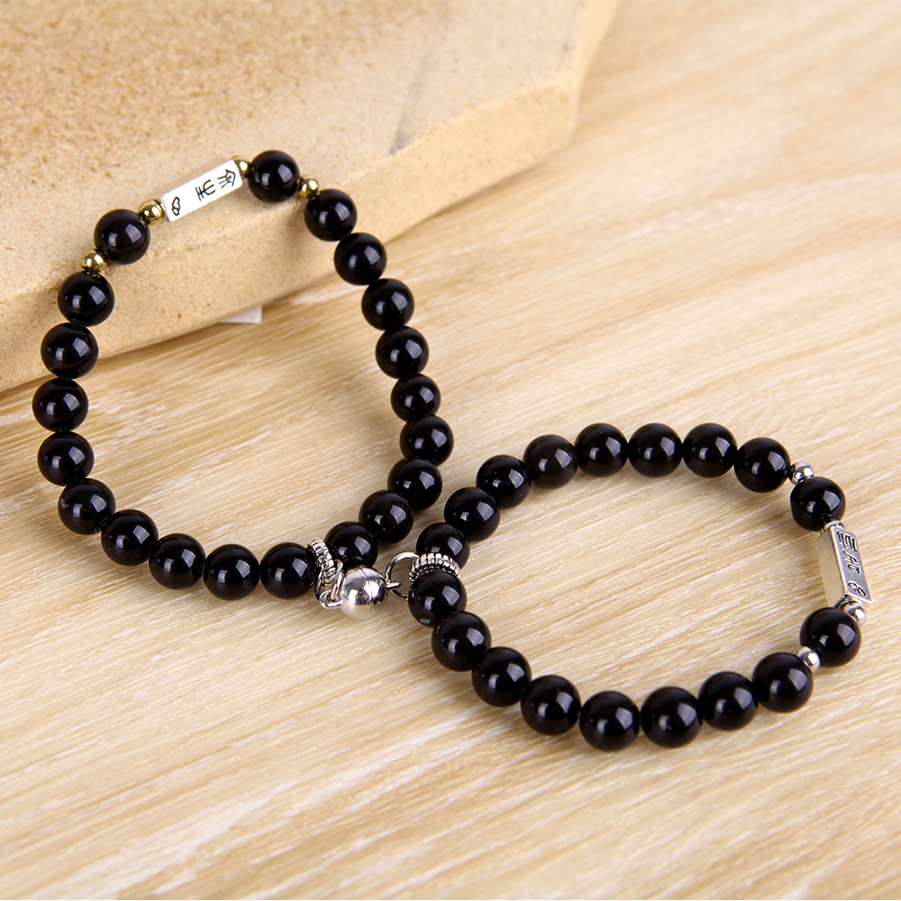 2Pcs Creative Magnetic Couple Bracelet / Black Obsidian Stone Beaded Bracelets friendship Lover Bracelet  Gifts Jewelry