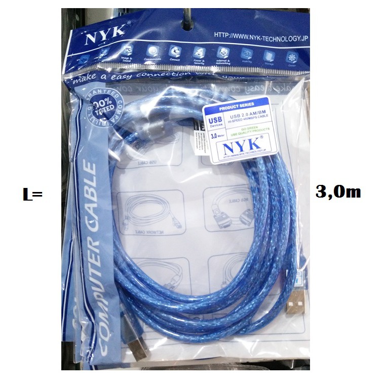 Kabel Printer Usb 2.0 Merk NYK 3 Meter Hi-Speed 480Mbps