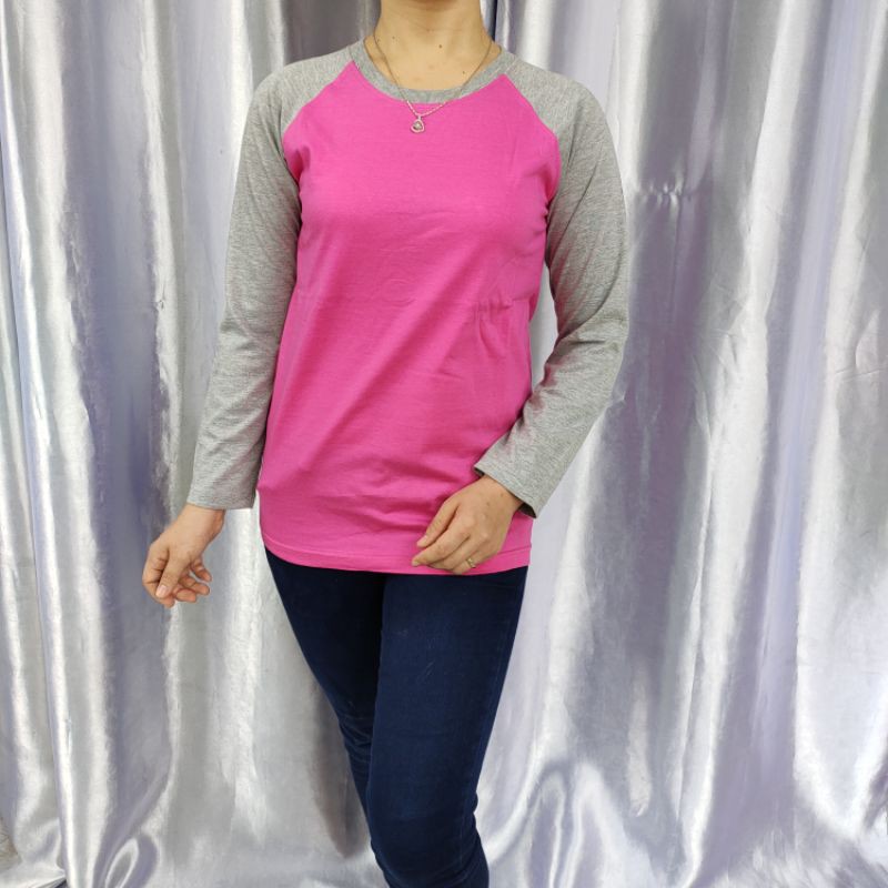 Kaos polos raglan PINK-ABU MISTY lengan PANJANG Uk M L XL XXL