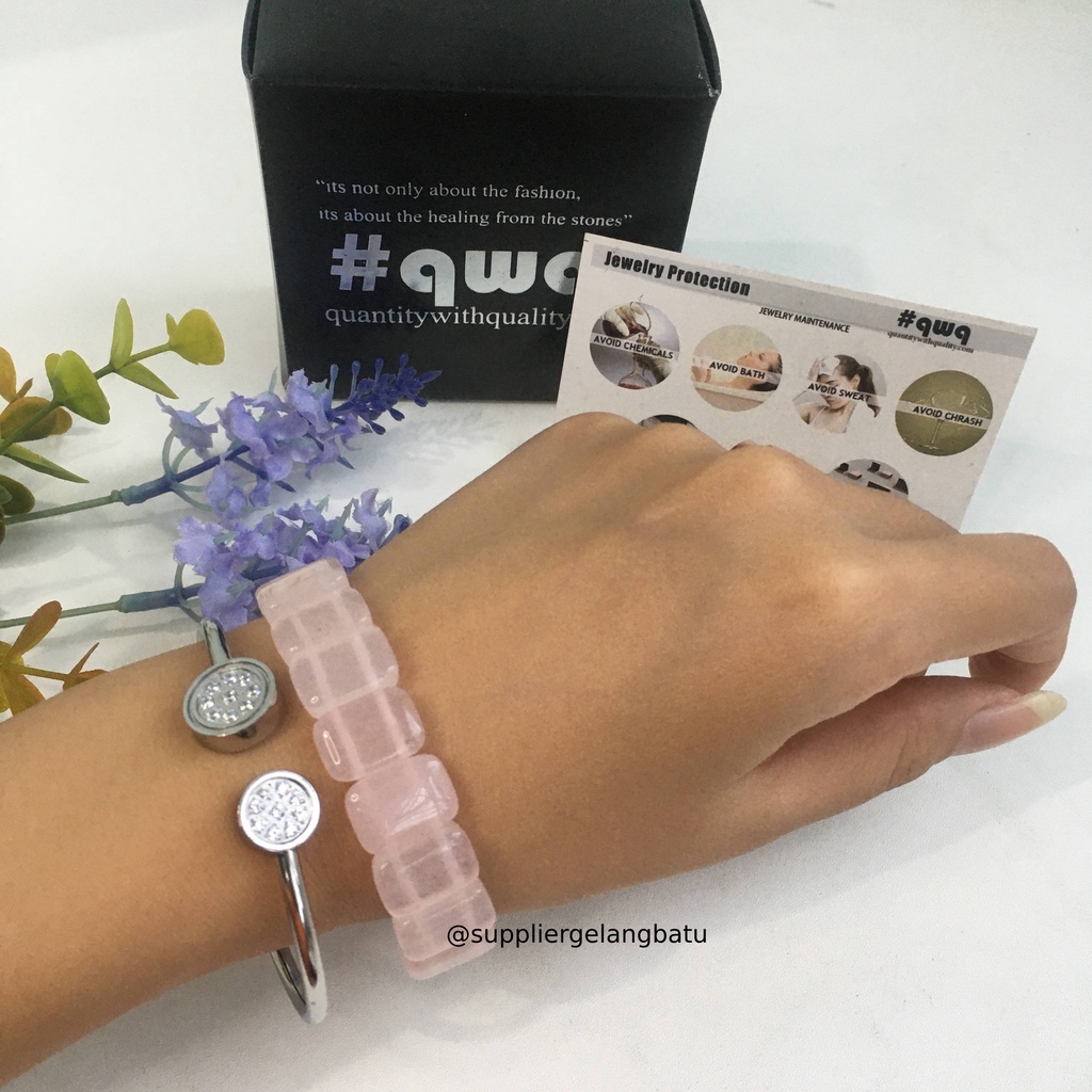 Gelang Batu ROSE QUARTZ KOTAK OVAL limited pink kuarsa asli natural