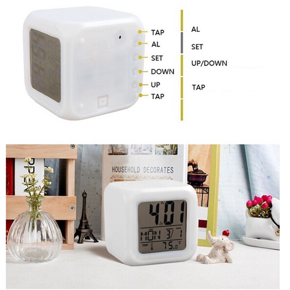 ღ 7 Warna Perubahan Led Jam Alarm Digital dengan Tanggal Alarm Thermometer Portable Jam Alarm Thermometer Malam Bersinar Rumah Kamar Tidur dekorasi