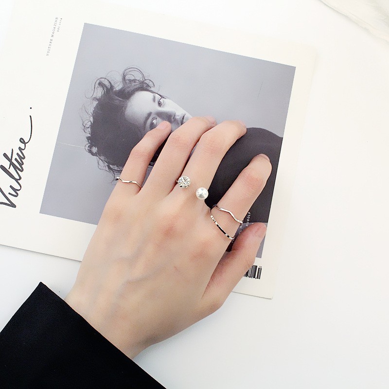 [4 PCS] Cincin Set Fashion Terbuka Aksen Berlian Imitasi + Mutiara Gaya Korea Untuk Wanita