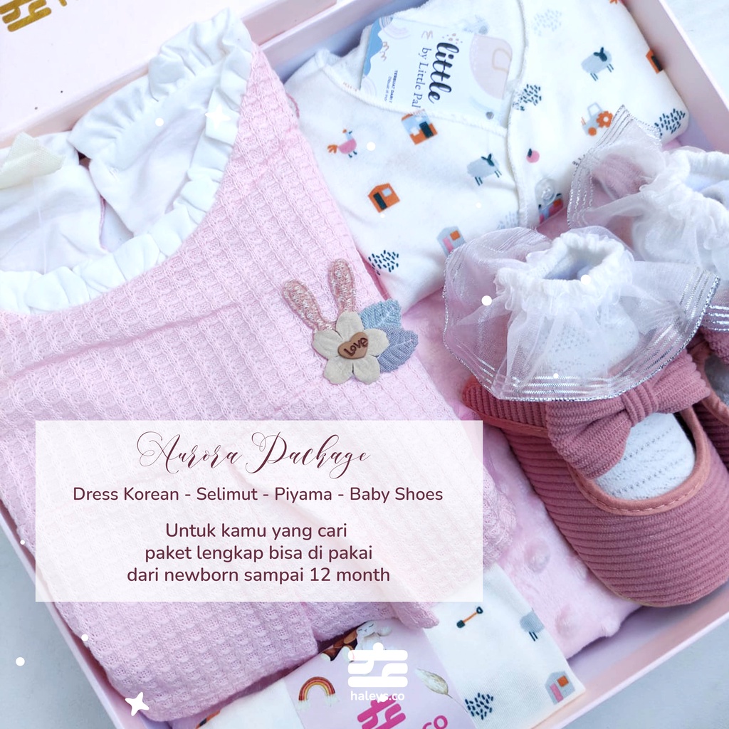 Aurora Package Hampers Bayi Perempuan | Kado bayi korean dress lengkap | Baby Gift Box Premium 0-12 bulan | Hampers Baby Girl Boy Haleys.co