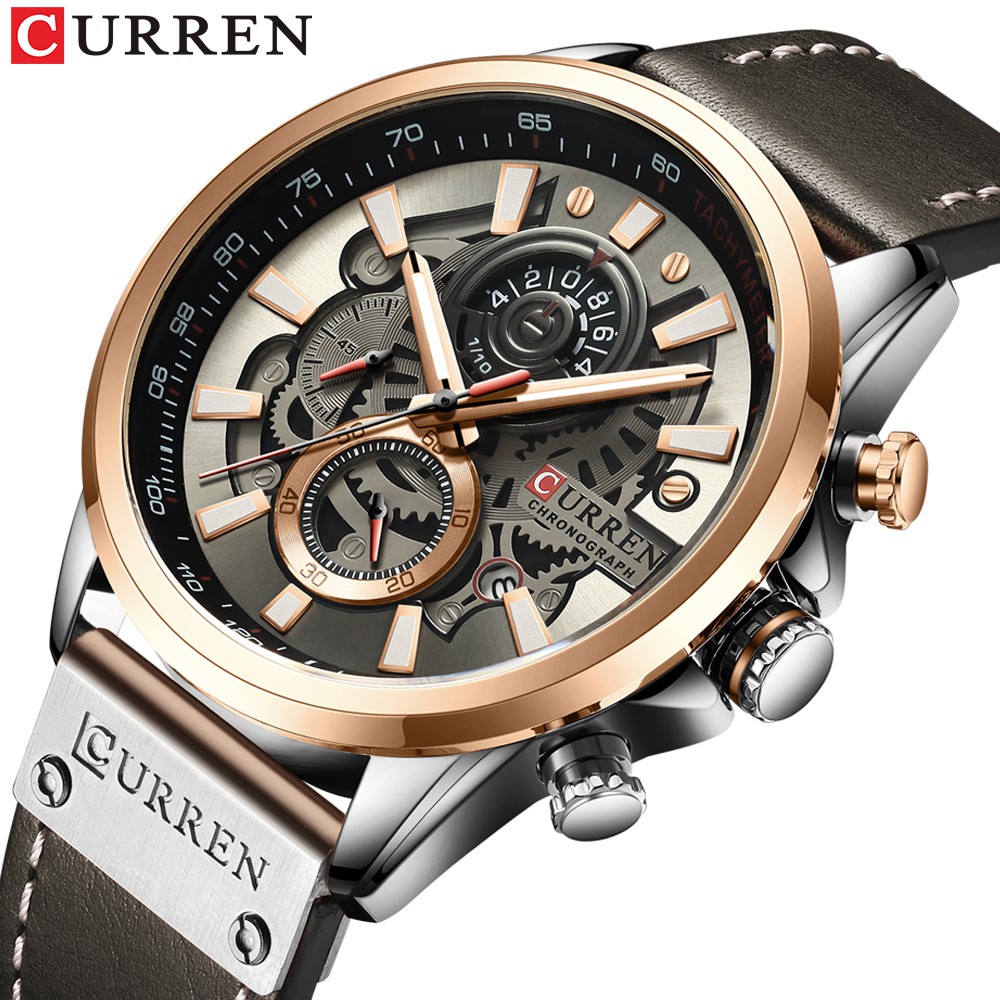 CURREN 8380 Jam Tangan Pria Analog Tali Kulit Chronograph Aktif Luminous Hand WATCHKITE WKOS