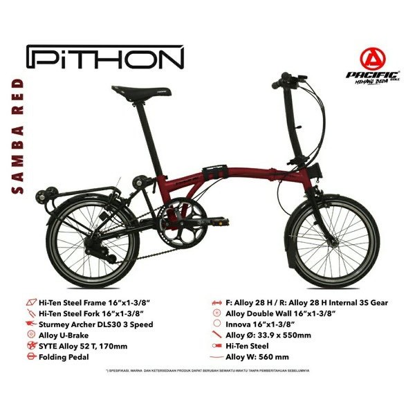 Pacific Pithon Sporty 16 inch Sturmey Archer 3 speed Mirip Brompton Trifold Pikes