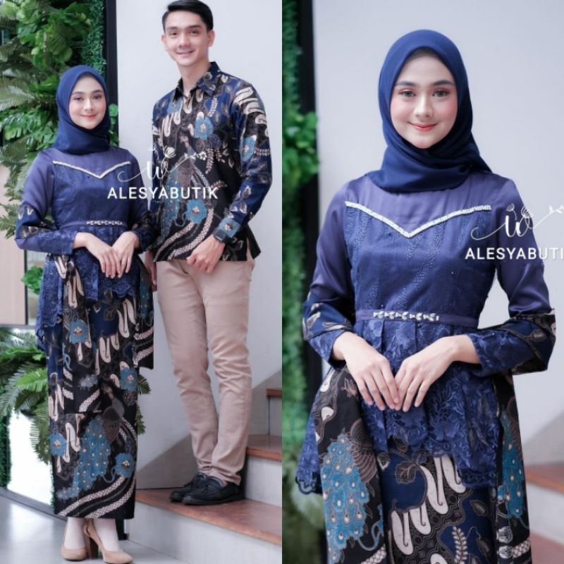 SET KEBAYA MODERN BRUKAT ALENA COUPLE TUNANGAN BATIK COUPLE NAVY BROKAT PASANGAN TERBARU KAPEL LAMAR