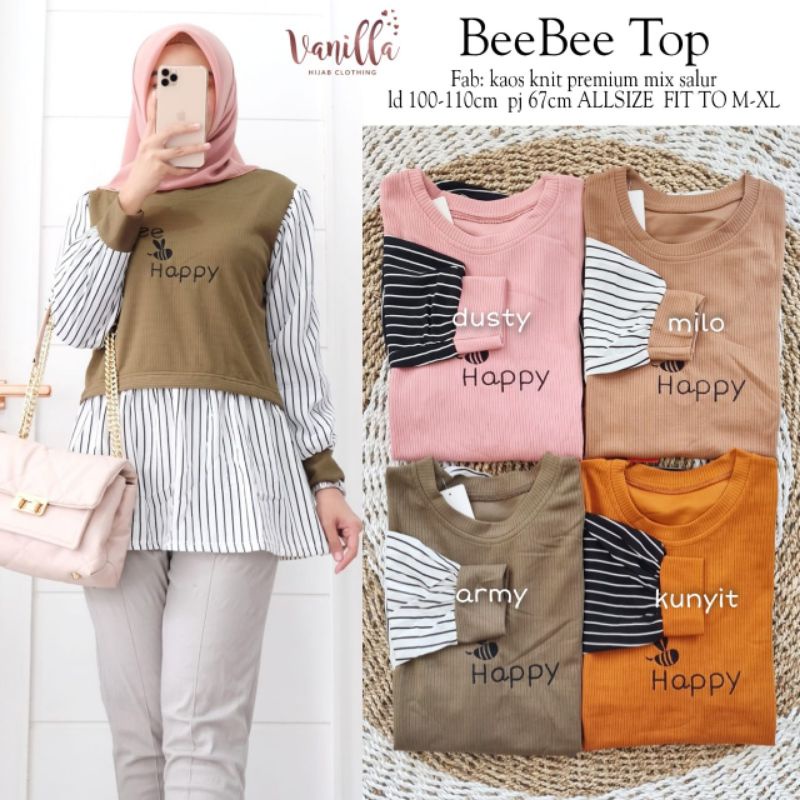 PAKAIAN CEWEK BEEBEE TUNIK BAHAN KAOS KNIT MIX PREMIUM SALUR MOTIF POLOS & GARIS-GARIS / M -XL