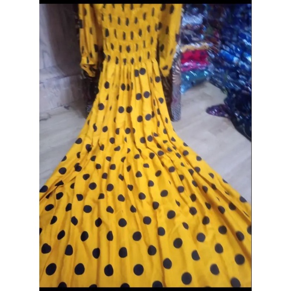 gamis polkadot kuning kerut dada smoke dada