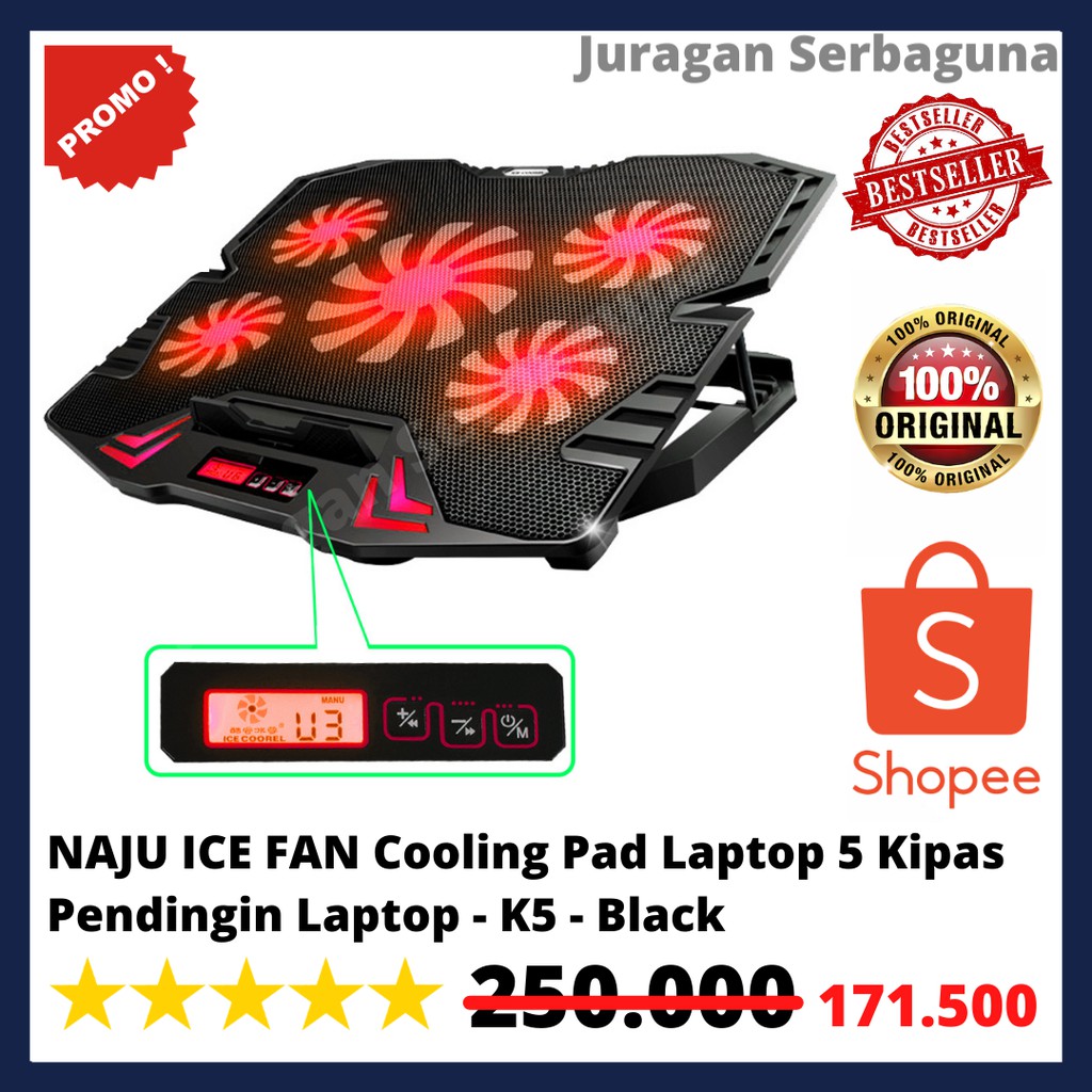 NAJU ICE FAN Cooling Pad Laptop 5 Kipas Pendingin Laptop - K5 - Black