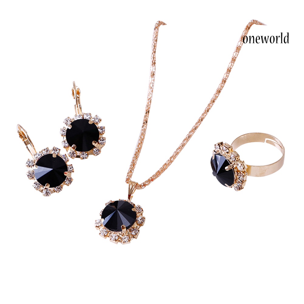 OW@ Fashion Women Circle Rhinestone Necklace Earrings Ring Pendants Jewelry Set