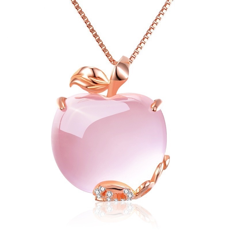 [Ready Stock]Fashionable Rose Gold Inlaid Ross Quartz Necklace Apple Pendant