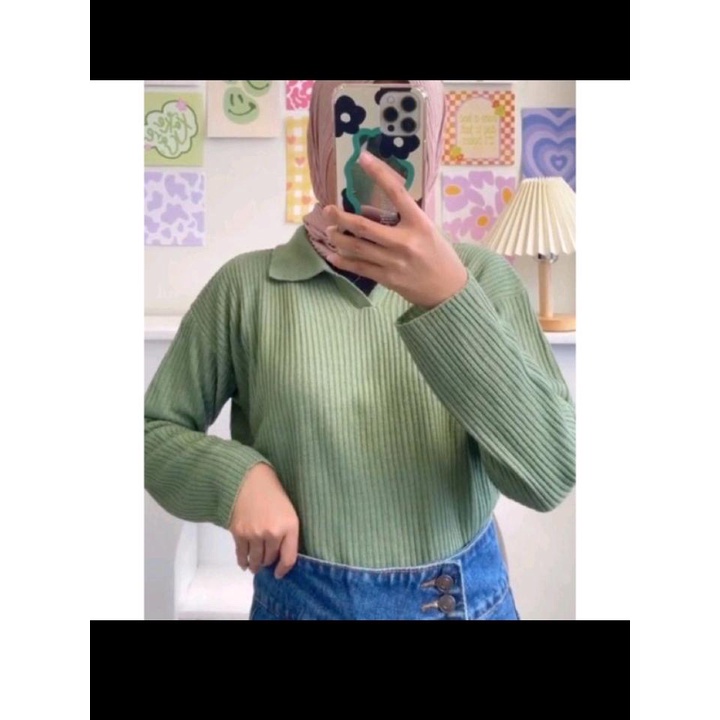 GEANY KERAH POLO / AERIS KNIT TOP / BLOUSE RAJUT KERAH V / COLLAR CROP / KOREAN VNECK CROPTOP / POLO KNIT CROP / ATASAN WANITA BERKERAH POLO / BLOUSE RAJUT