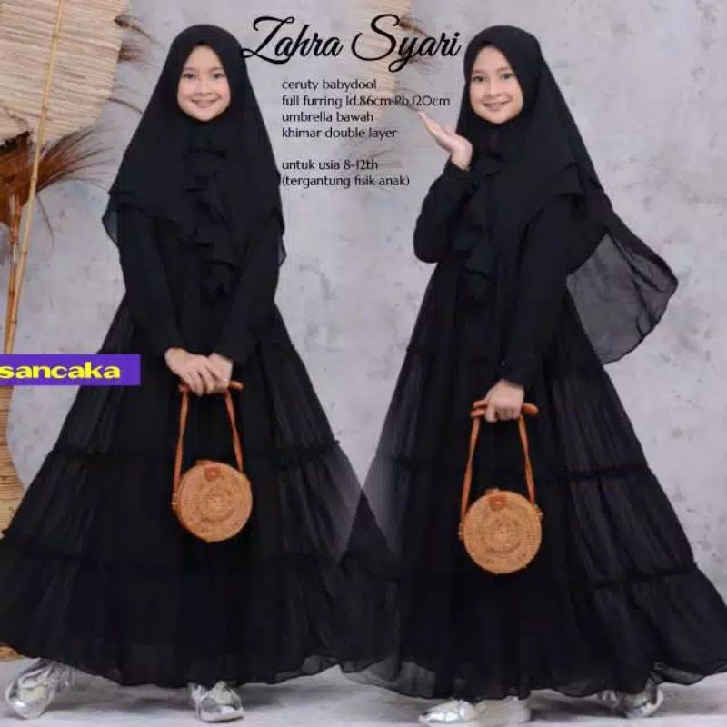 SL Zahra syar'i kid ORI by Sancaka / gamis anak remaja tanggung set plus kerudung usia 8-12 tahun