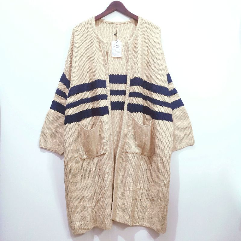 322012 Long outer rajut motif garis coksu kombinasi navy