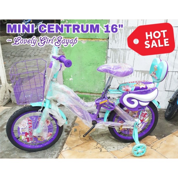 Sepeda Anak Perempuan 16 & 18 Inch Mini Centrum Sayap Keranjang-Ungu