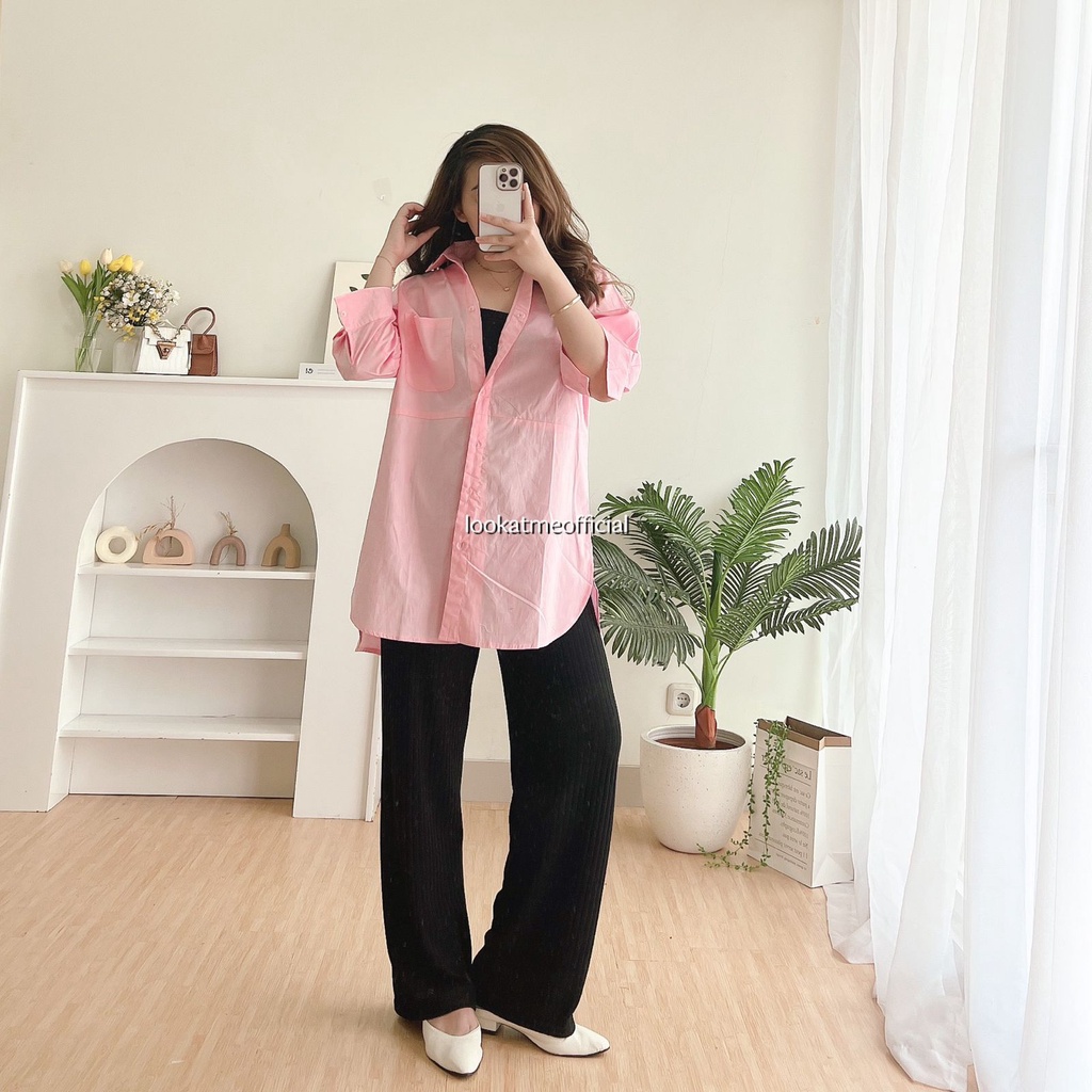 lookatmeofficial • Ariana Basic Oversized Shirt - Atasan Kemeja Polos Casual Bahan Katun