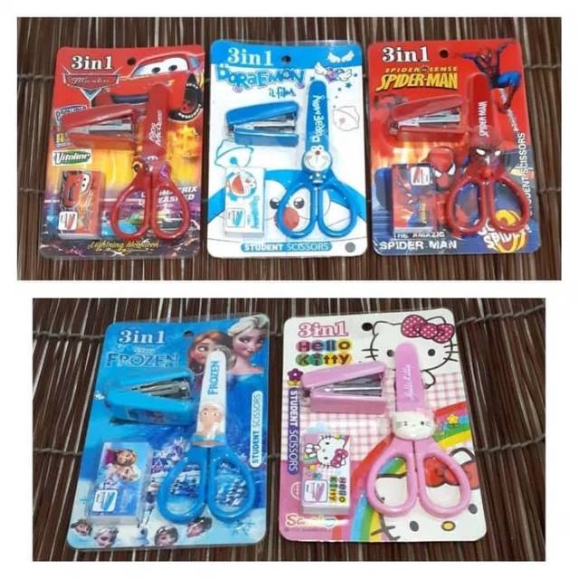 Gunting Anak set Staples Frozen, Doraemon, Cars, Spiderman, Hello Kitty