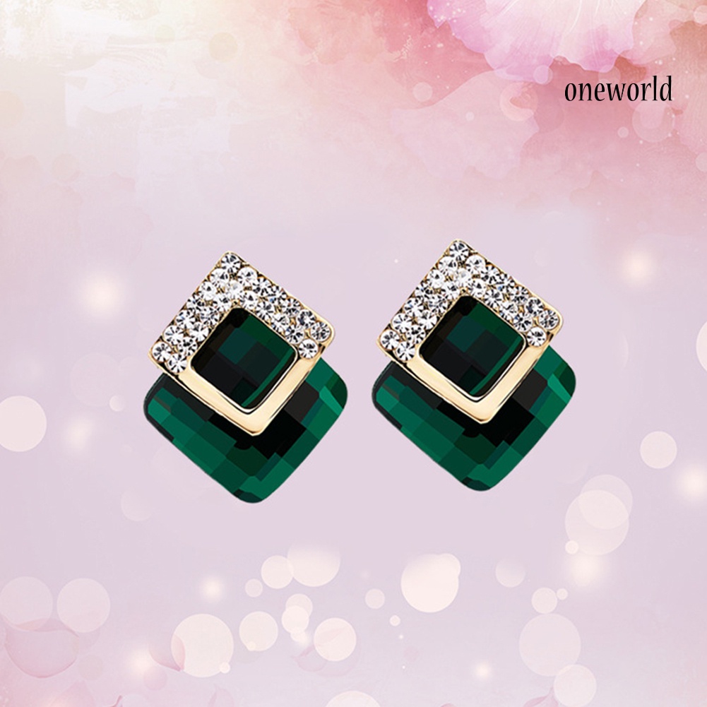 OW@ Concise Rhinestone Inlaid Square Stud Earrings Women Banquet Party Jewelry Gift