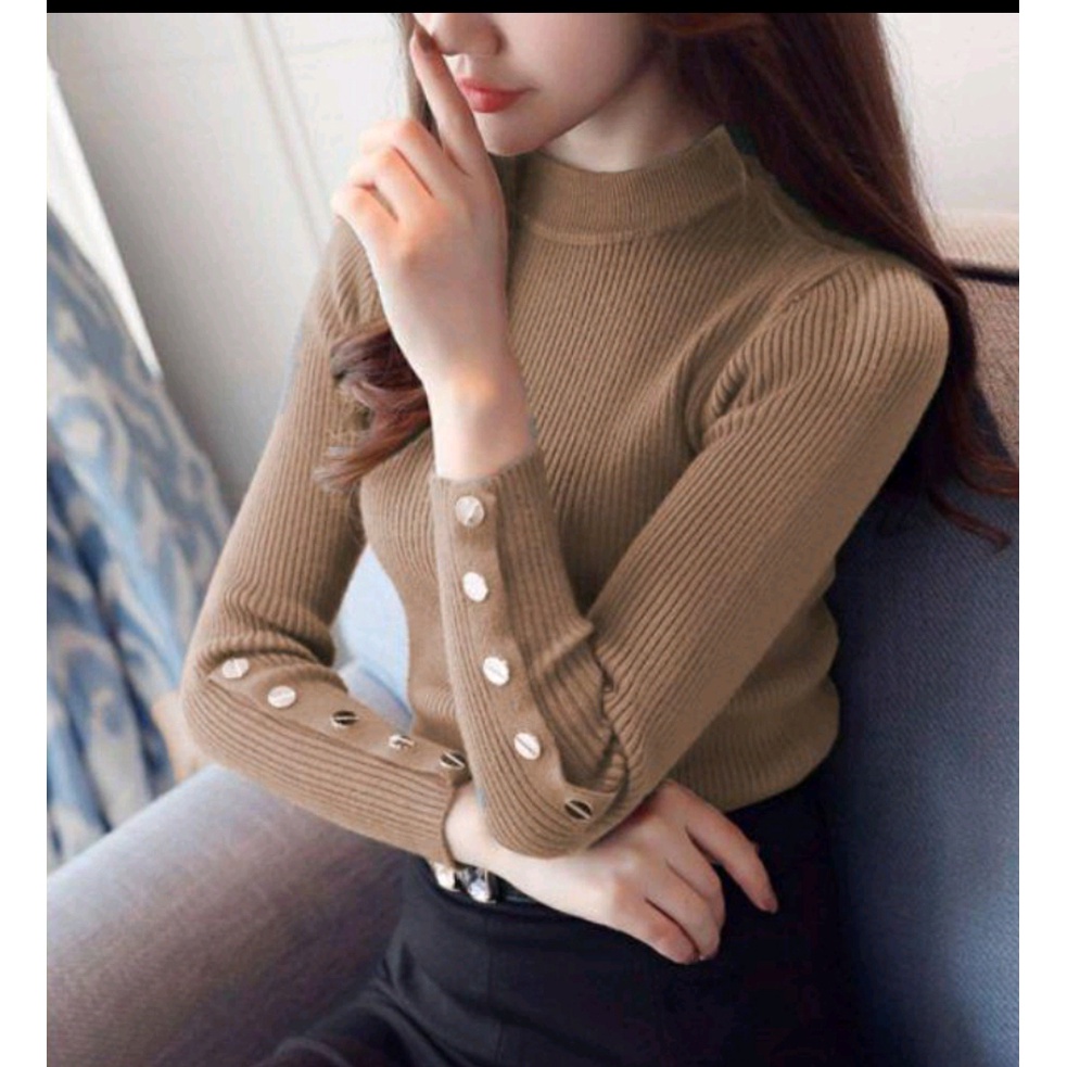 OZ BUTTON KNIT / Atasan rajut wanita turtle neck