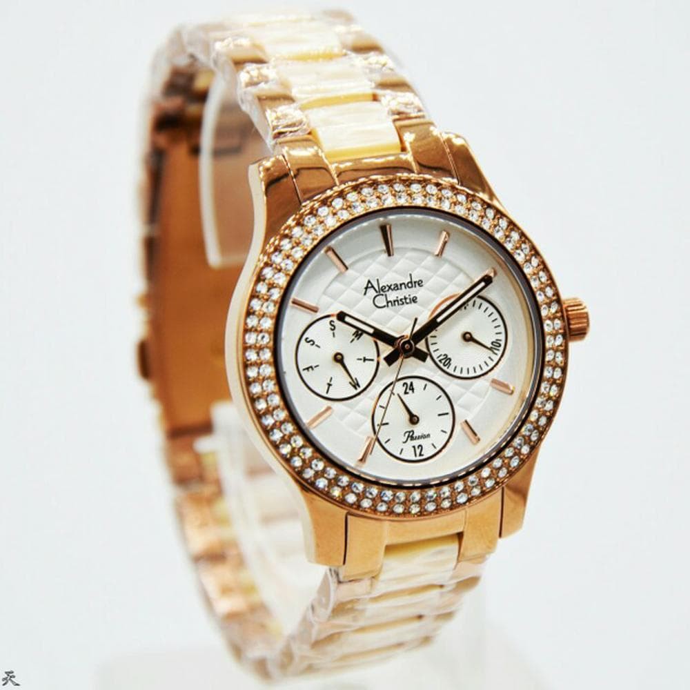ALEXANDRE CHRISTIE WATCH AC 2705 WANITA ROSEGOLD CREAM CERAMIC RING DIAMOND