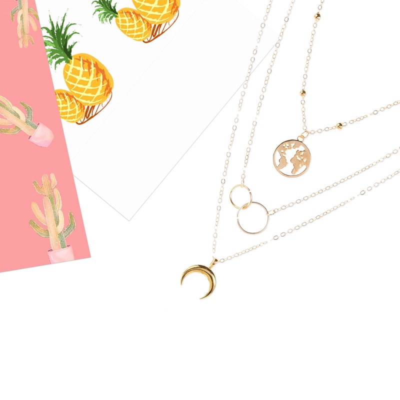 Fancyqube Kalung Multilayer Liontin Bulan Peta Dunia Warna Emas Gaya Retro Untuk Wanita