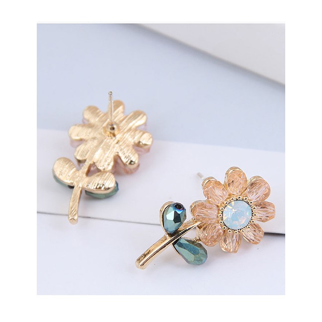 LRC Anting Fashion Yellow Crystal Flower Alloy Earrings A61839