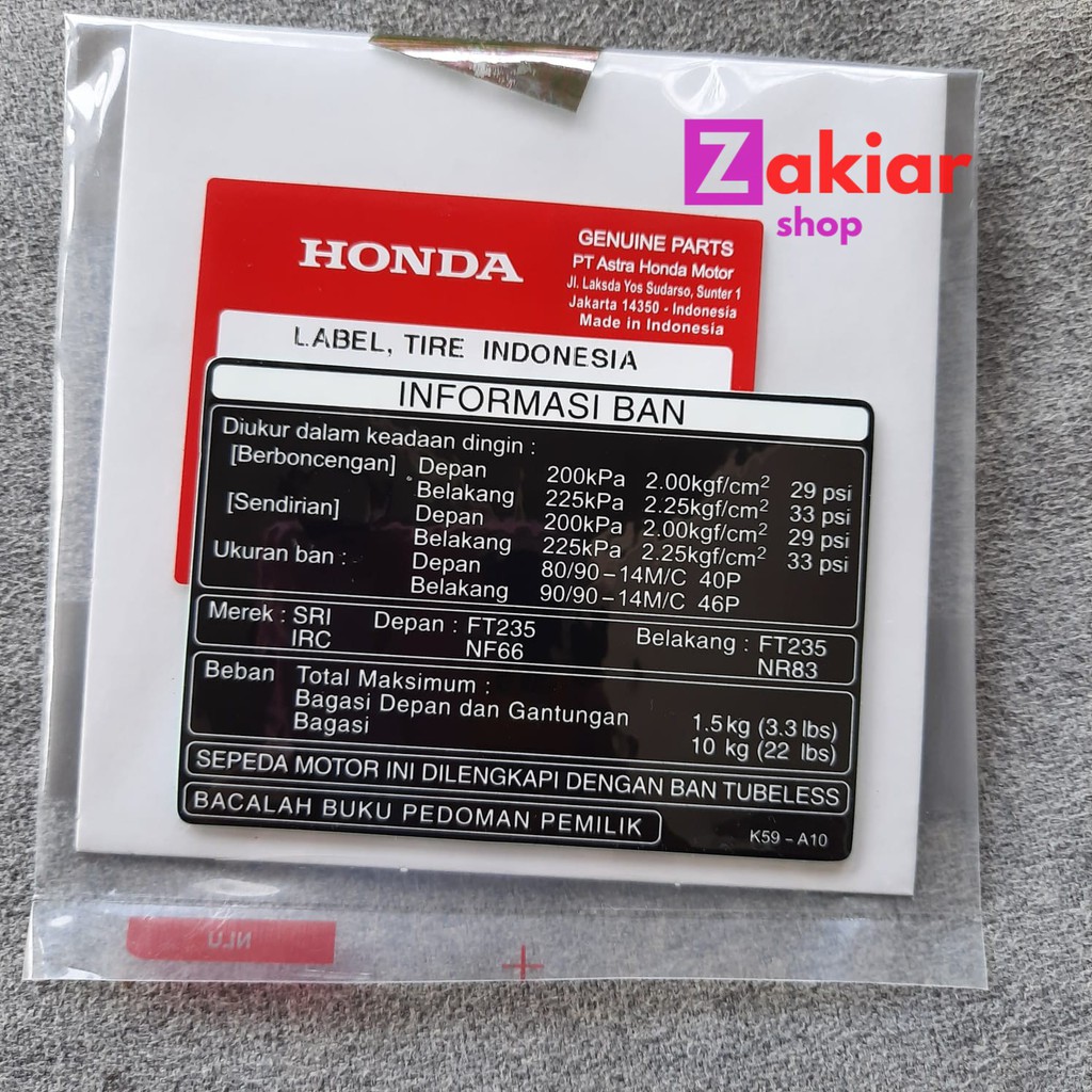 Stiker Informasi Ban Sticker info Ban Label Ban Tempelan Informasi 87505-K59-A10 Original Honda
