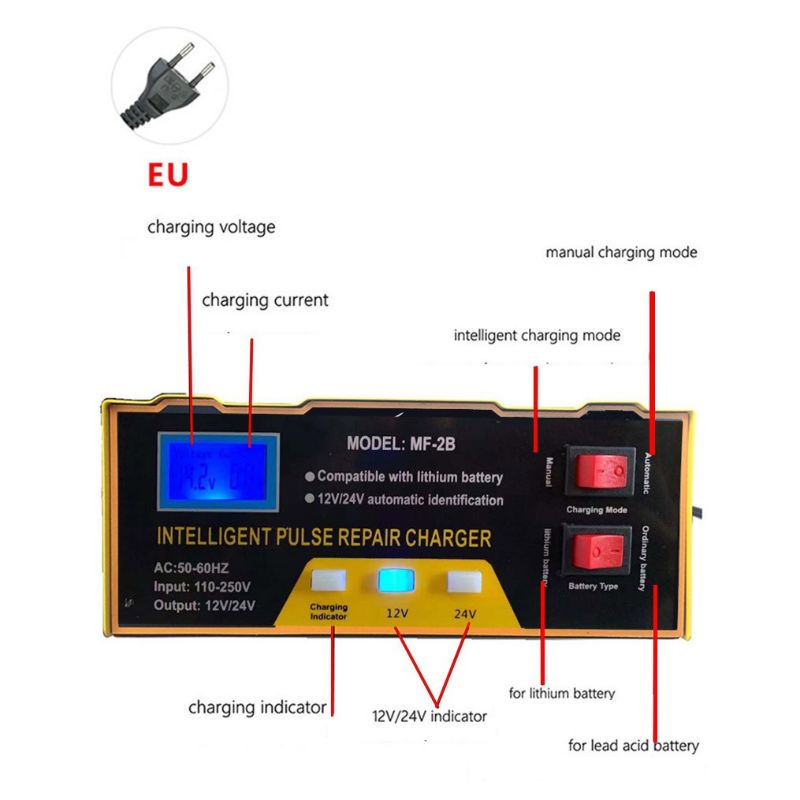 Charger Aki Mobil Lead Acid Smart Battery Charger 12V/24V 6-105AH - MF-2B - Yellow--OTOHEROES