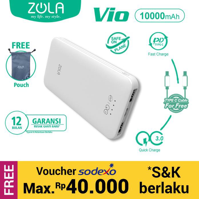 ZOLA VIO 10000mAh Fast charging Quick Charge QualComm 3.0 + PD 3.0 - Putih