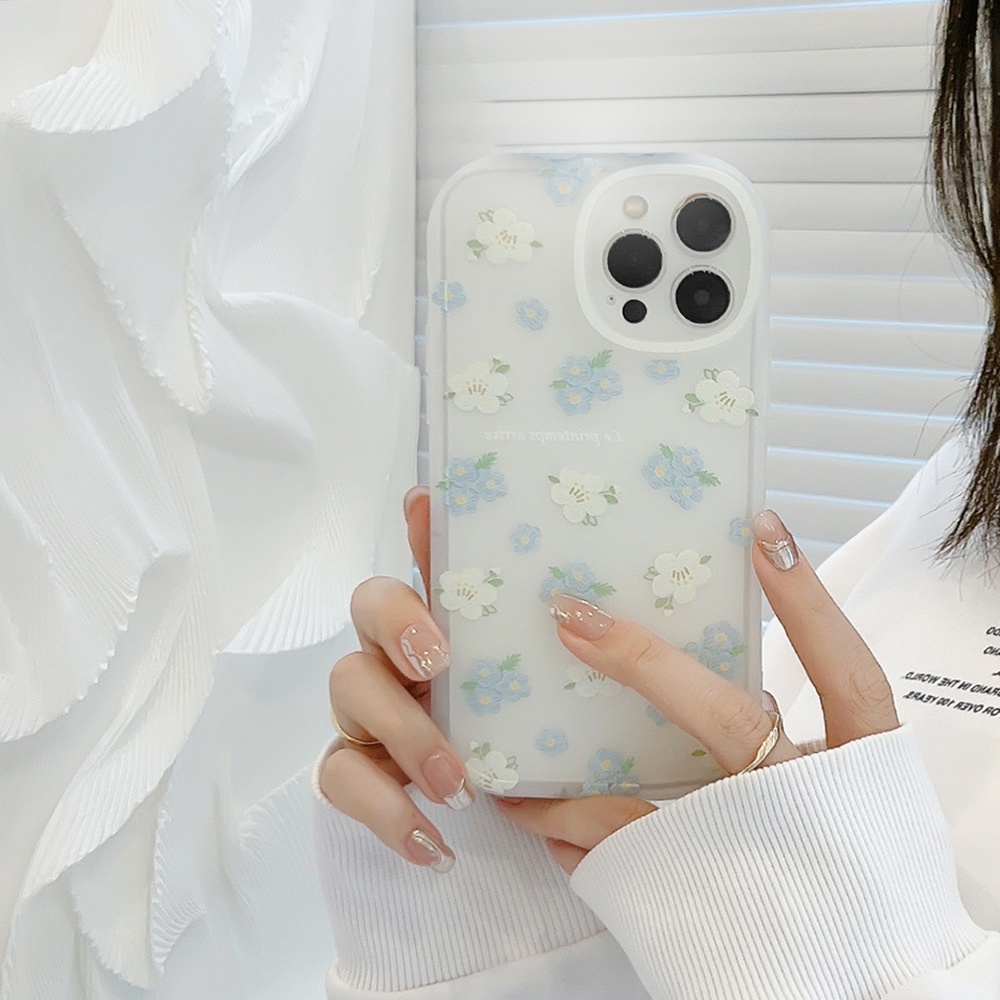 Soft Tpu Oil Painting Blue Flower Pattern Case Compatible for IPhone 11 12 13 14 Pro Max 7 8 6 6s Plus X XR XS Max SE 2020 Summer Strawberry Shockproof Camera Protector Back Cover